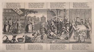 view Four scenes from W. Combe's verse Dr. Last or the devil upon two sticks, a parody of the Royal college of physicians and in particular John Fothergill. Engraving after W. Combe.