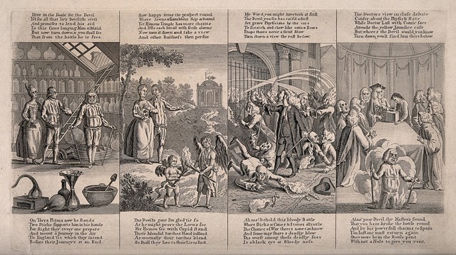 Four scenes from W. Combe's verse Dr. Last or the devil upon two sticks, a parody of the Royal college of physicians and in particular John Fothergill. Engraving after W. Combe.