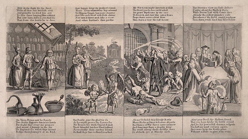 Four scenes from W. Combe's verse Dr. Last or the devil upon two sticks, a parody of the Royal college of physicians and in particular John Fothergill. Engraving after W. Combe., by William Combe
