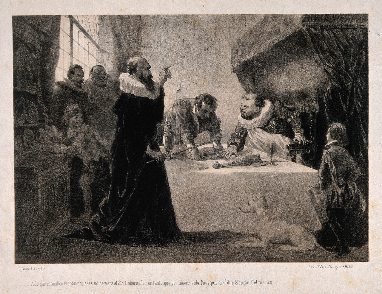 Sancho Panza (the squire of Don Quixote), at a banquet, being starved for health reasons by his physician. Lithograph by C. Nanteuil after M. de Cervantes Saavedra., 1800-1899, by Miguel de Cervantes