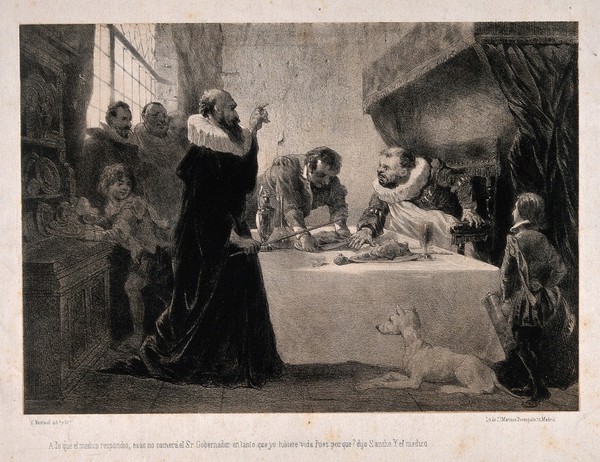 Sancho Panza (the squire of Don Quixote) , at a banquet, being starved for health reasons by his physician. Lithograph by C. Nanteuil after M. de Cervantes Saavedra.