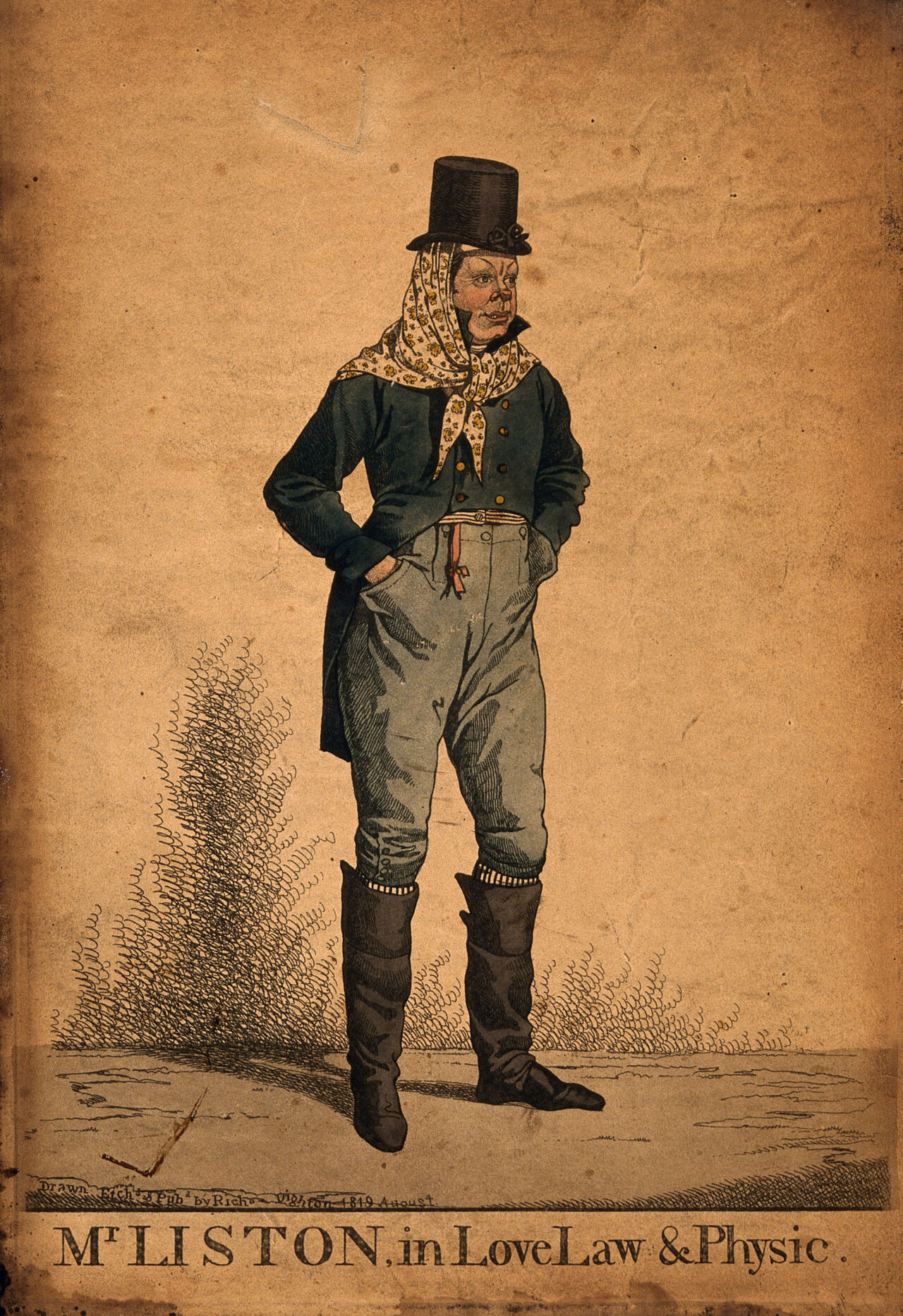 John Liston acting the part of Lubin Log, a character in Kenney's play Love, law and physic. Coloured etching by Richard Dighton, 1819., August 1819, by James Kenney