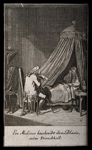 view A physician talking to a patient who is in bed. Etching by D. Berger, 1775, after D. Chodowiecki.