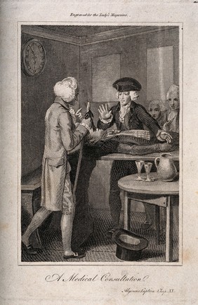 Two physicians in New England discussing the treatment of a patient with an injured leg who is lying on a wooden table. Engraving.