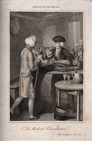 view Two physicians in New England discussing the treatment of a patient with an injured leg who is lying on a wooden table. Engraving.