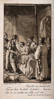 A Saracen physician taking the pulse of a Christian patient who is surrounded by fellow crusaders. Aquatint by S. Marceau, 1826.