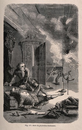 A man discovering the physicist Richmann after he has been killed by a bolt of lightning. Wood engraving by O. Jahyer and L. Hotelin after P. Valentin.