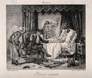 view A physician examining a person dressed as Pierrot who lies in bed, in the background another person in a similar costume is grieving. Etching by E. Champollion after T. Couture.