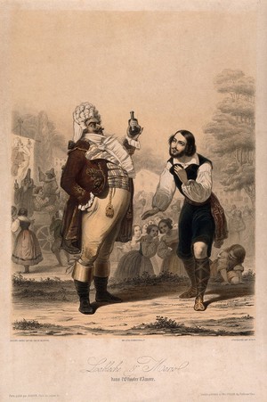 view Dr Dulcamara, played by L. Lablache, sells a love philtre to Nemorino played by G. Mario at a country fair. Coloured lithograph by C. Vogt after A. de Valentini.