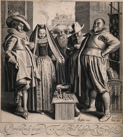 An itinerant medicine vendor proudly presenting his wares to a small group of people. Line engraving by J. van de Velde after W. Buytewech.