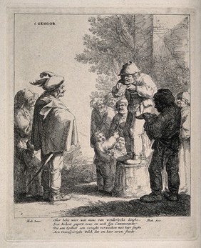 An itinerant medicine vendor reciting from a piece of paper trying and sell his wares to a small audience. Facsimile reproduction of an etching by J. Both after A. Both.