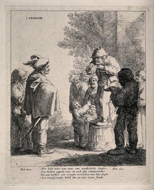 view An itinerant medicine vendor reciting from a piece of paper trying and sell his wares to a small audience. Facsimile reproduction of an etching by J. Both after A. Both.