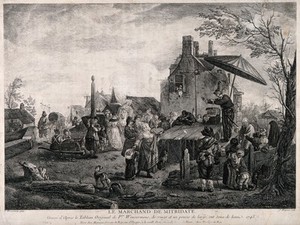 view An itinerant medicine vendor performing on stage at a bustling fair. Engraving by J. Moyreau, 1743, after P. Wouwerman.