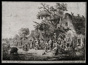 view A bustling country fair full of stalls of people selling their wares. Etching by D. Deuchar, 1788, after A. Ostade.