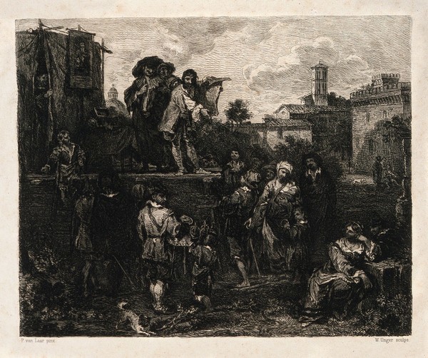 An itinerant medicine vendor performing on stage with several assistants, selling their wares to a small audience in Rome. Etching by W. Unger after D. Helmbreker.