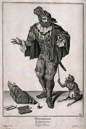 Hans Buling, an itinerant medicine salesman demonstrating his wares with the aid of a monkey. Engraving after M. Laroon.