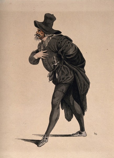 The actor Guillot-Gorju in character as Scaramouche, in a theatrical caricature of a doctor. Coloured etching by A.E. Guillaumot, 1885, after J. Falck.