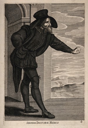 view A man dressed in costume as a theatrical caricature of a doctor. Line engraving.