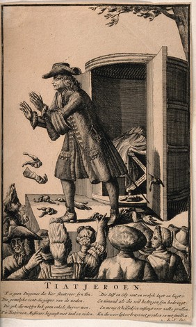 An audience of people throwing handkerchiefs (containing money?) onto a stage where an itinerant medicine vendor has been successfully selling his wares. Engraving.