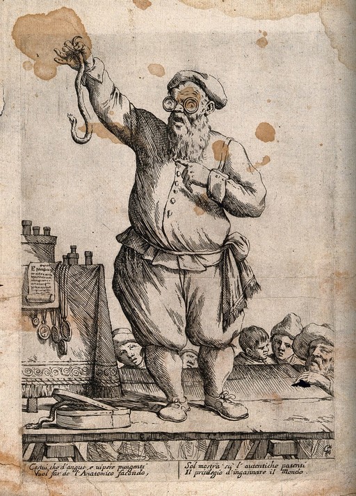 An itinerant medicine vendor performing on stage with a snake in an attempt to sell his wares. Etching by G.M. Mitelli.