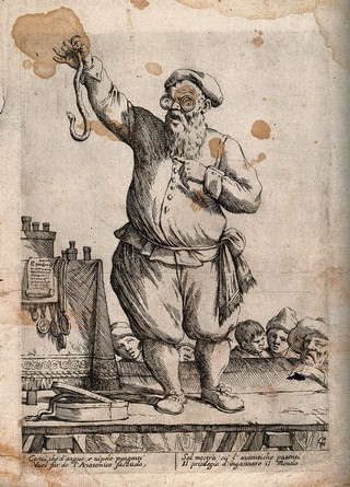 A medicine vendor selling antidotes to snake poison. Etching by G.M. Mitelli.
