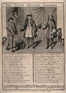 A devil (in human guise) deceiving and tricking an itinerant medicine vendor who proclaims to cure all ailments. Line engraving by S. Nicholls.