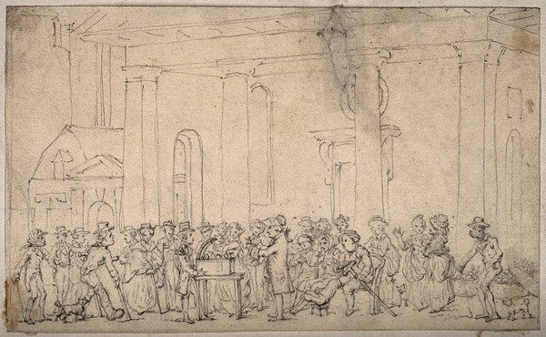Doctor Bossy, a medicine vendor, selling his wares to a crowd of sick and lame people at Covent Garden, London. Pencil drawing after A. van Assen.