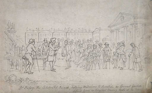 Doctor Bossy, a well known itinerant medicine vendor, selling his wares to a crowd of sick and crippled people at Covent Garden, London. Pencil drawing after A. van Assen.