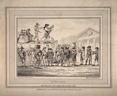 Doctor Bossy, an itinerant medicine vendor, selling his wares on stage with assistants at Covent Garden, London. Etching by W. Birch, 1792, after A. van Assen.