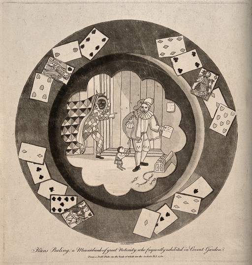 Hans Buling, an itinerant medicine vendor, dressed in theatrical costume whilst selling his wares, assisted by another costumed person and a monkey. Engraving by I.R. Cruikshank after a Delft plate by B.S., 1750.