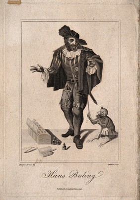 Hans Buling, an itinerant medicine salesman, demonstrating his wares with the aid of a monkey. Engraving by G. Walker, 1792, after M. Laroon.