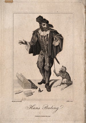 view Hans Buling, an itinerant medicine salesman, demonstrating his wares with the aid of a monkey. Engraving by G. Walker, 1792, after M. Laroon.