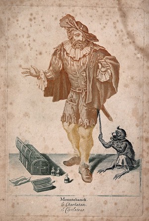 view Hans Buling, an itinerant medicine salesman demonstrating his wares with the aid of a monkey. Colour line engraving after M. Laroon.