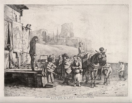 A group of itinerant actors performing on stage in an attempt to sell medicines to a small group of people. Etching by J.J. de Boissieu, 1772, after K. Dujardin, 1687.