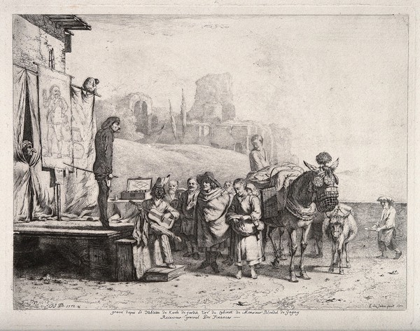 A group of itinerant actors performing on stage in an attempt to sell medicines to a small group of people. Etching by J.J. de Boissieu, 1772, after K. Dujardin, 1687.