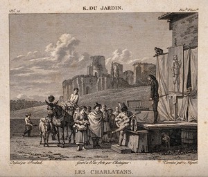 view Itinerant actors performing on stage in Rome an attempt to sell medicines to local people. Etching by A. Chataignier and engraving by C. Niquet, the elder, 1818, after J. Swebach-Desfontaines after K. Dujardin, 1687.