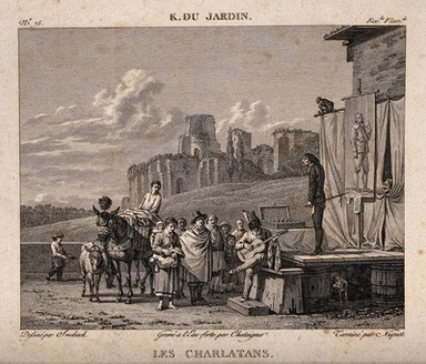 Itinerant actors performing on stage in Rome an attempt to sell medicines to local people. Etching by A. Chataigner and engraving by C. Niquet, the elder, 1818, after J. Swebach-Desfontaines after K. Dujardin, 1687.