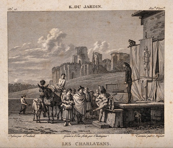 Itinerant actors performing on stage in Rome an attempt to sell medicines to local people. Etching by A. Chataignier and engraving by C. Niquet, the elder, 1818, after J. Swebach-Desfontaines after K. Dujardin, 1687.