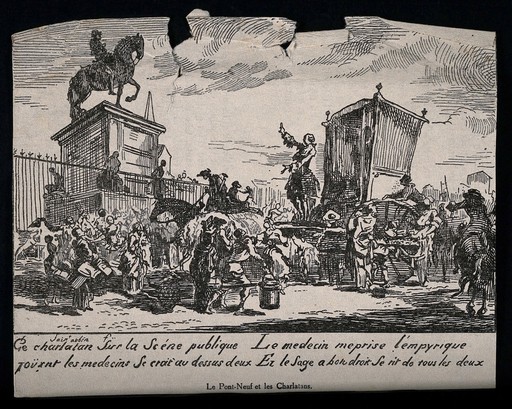 An itinerant medicine vendor selling his wares from a carriage to a crowd of people on the Pont-Neuf, Paris. Wood engraving by G. de Saint-Aubin.