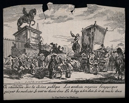 An itinerant medicine vendor selling his wares from a carriage to a crowd of people on the Pont-Neuf, Paris. Process print after G. de Saint-Aubin.