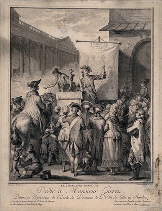 A French itinerant medicine vendor on stage selling his wares. Engraving by I. Helman, 1777, and etching by A.J. Duclos after J. Bertaux, 1776.