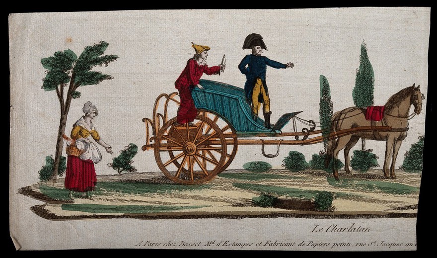 Two performing itinerant medicine vendors in costume on a horse drawn carriage rehersing their speeches on a country lane as a young woman walks past. Coloured etching.
