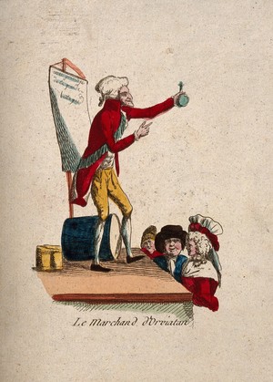 view An itinerant medicine salesman performing his sales pitch on stage to a small group of people. Coloured etching.
