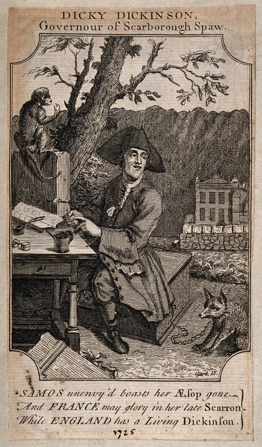 Richard Dickinson, an eccentric who imagines himself a wealthy king, from Scarborough. Engraving by J. Clark., 1725.
