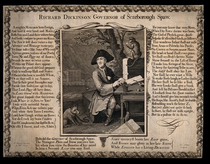 Richard Dickinson, an eccentric man from Scarborough, who imagines he is a king, sitting with his pet fox and monkey. Engraving by G. Vertue after H. Hysing, 1725.