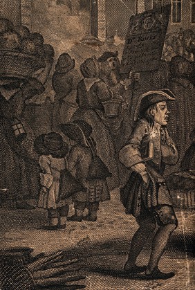 The piazza outside St Paul's church, Covent Garden, London, full of people selling their wares: a man is holding a placard advertising the products of Doctor Rock, a medicine vendor, and is holding up a bottle of the medicine. Engraving by W. Hogarth, 1738.