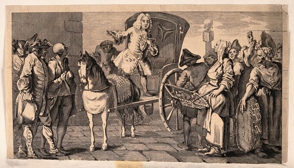 Doctor Rock, a medicine vendor, selling his wares from a horse-drawn carriage to a crowd. Engraving.