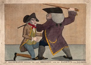 view Doctor Saltinbanco, a medicine vendor, attacking one of his clients for non-payment. Coloured etching.