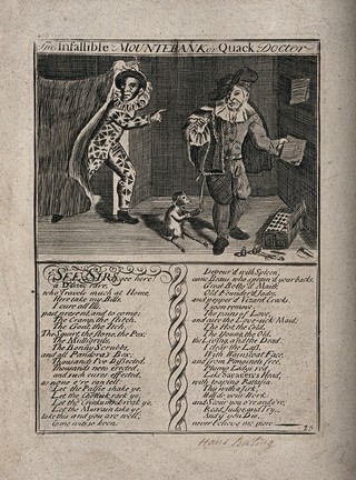 Hans Buling (?), an itinerant medicine vendor selling his wares with the aid of a monkey and a performer dressed as Harlequin. Engraving.