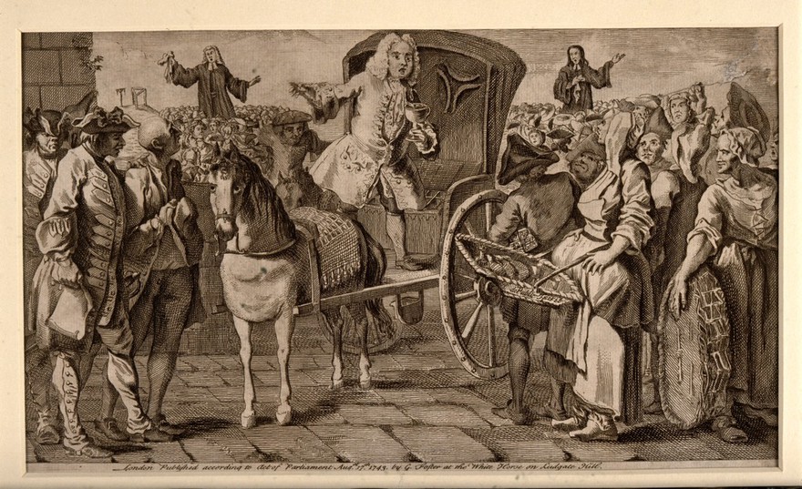 Doctor Rock, a vendor of medicines, selling his wares from a horse-drawn carriage to a crowd at Kennington common: John and Charles Wesley are preaching in the background. Engraving, 1743.